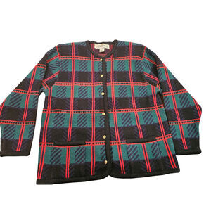 Vintage Crystal-Kobe Plaid Cardigan Sweater Red Green Black Size M Gold Buttons